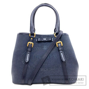 Prada Logo Jacquard 2Way Handbag navy canvas leather embroidered